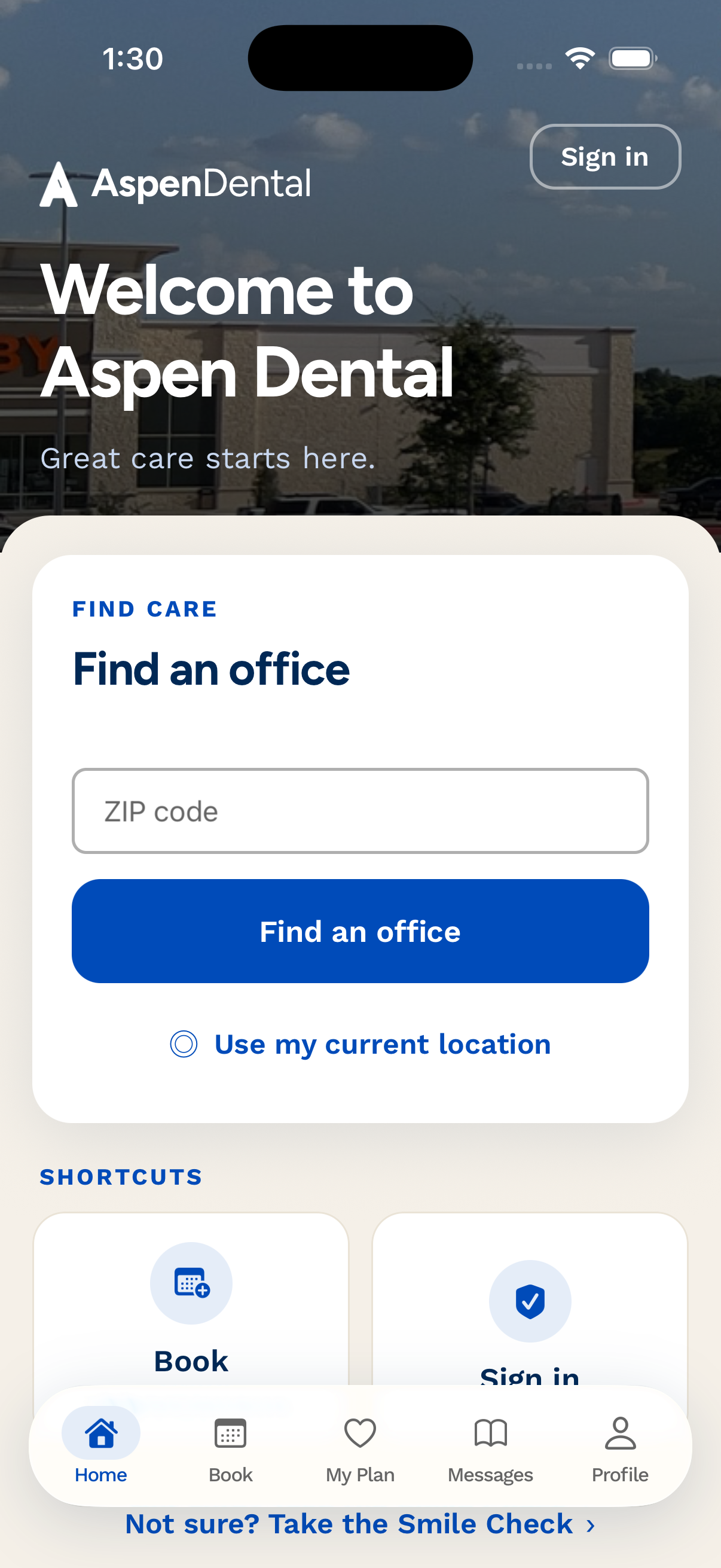 Aspen Dental patient app home screen